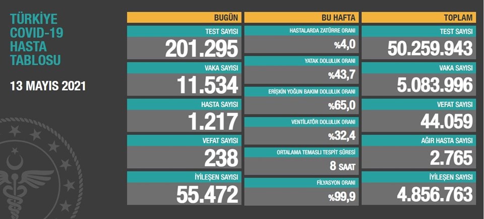 13 Mayıs 2021 corona virüs tablosu: 238 can kaybı, 11 bin 534 yeni vaka - 1