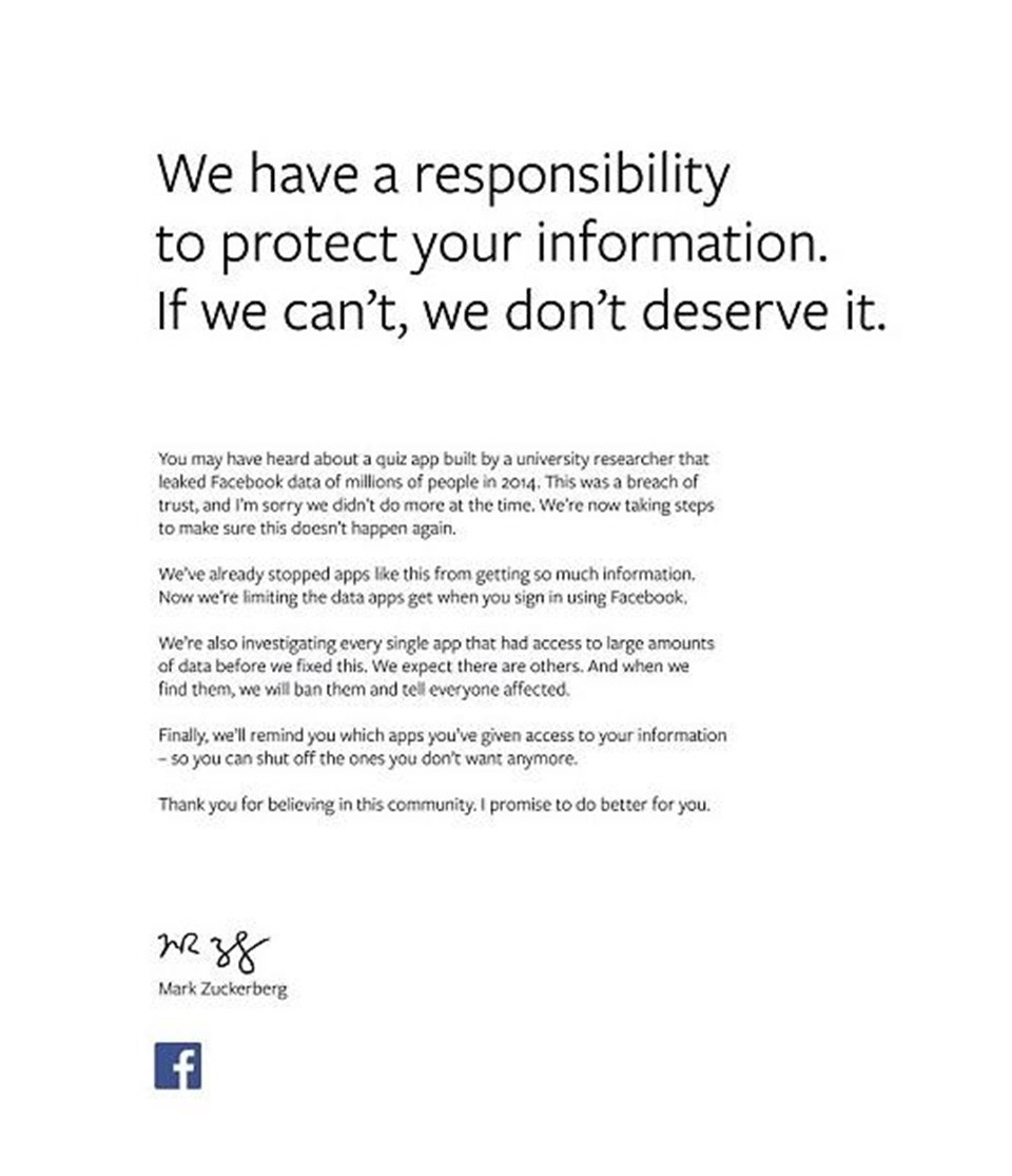 Facebook'un kurucusu Zuckerberg'den tam sayfa özür mesajı - 1