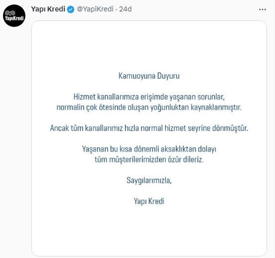 Yapı Kredi'den mobil bankacılık erişim sorunuyla ilgili açıklama geldi - 1