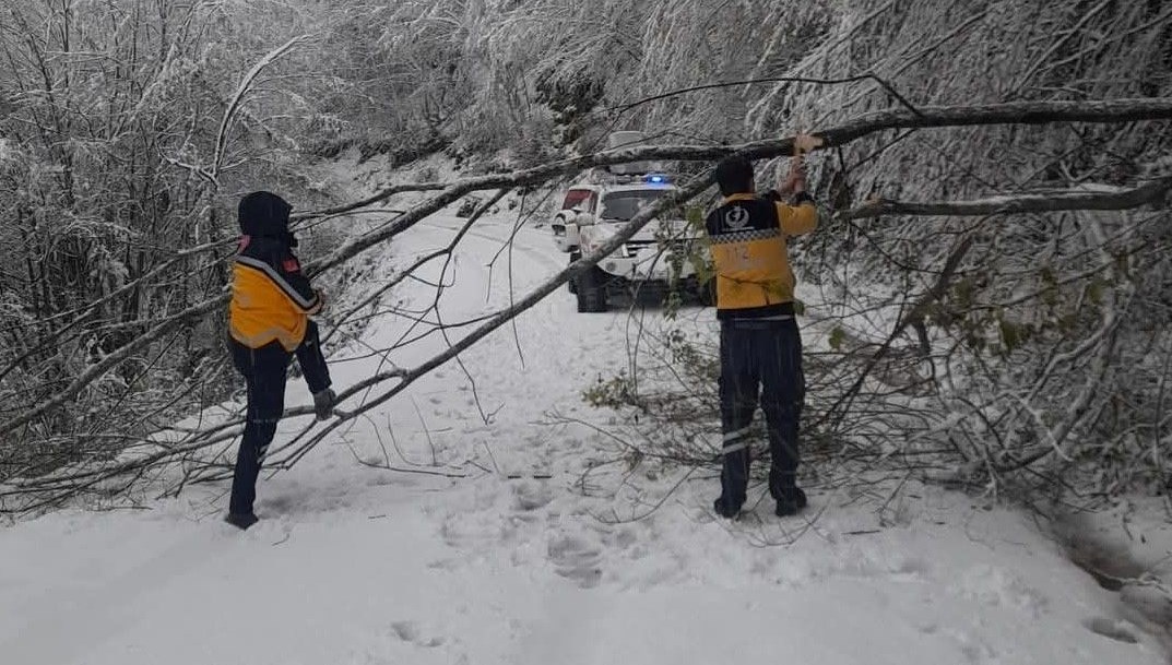 Kar sebebiyle mahsur kalan hastanın yardımına paletli ambulans yetişti