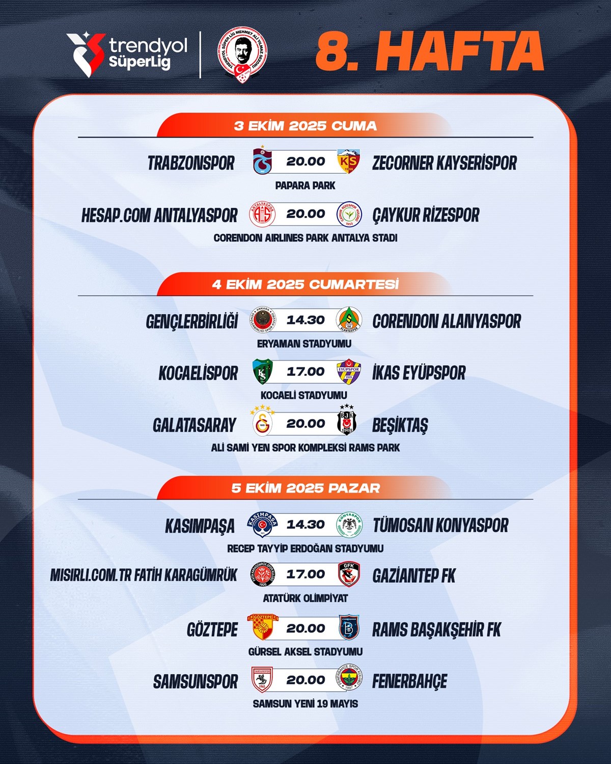 Süper Lig 8. hafta programı