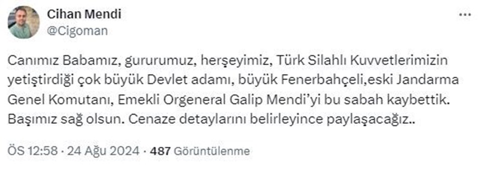 Eski Jandarma Genel Komutanı Orgeneral Galip Mendi Hayatını Kaybetti