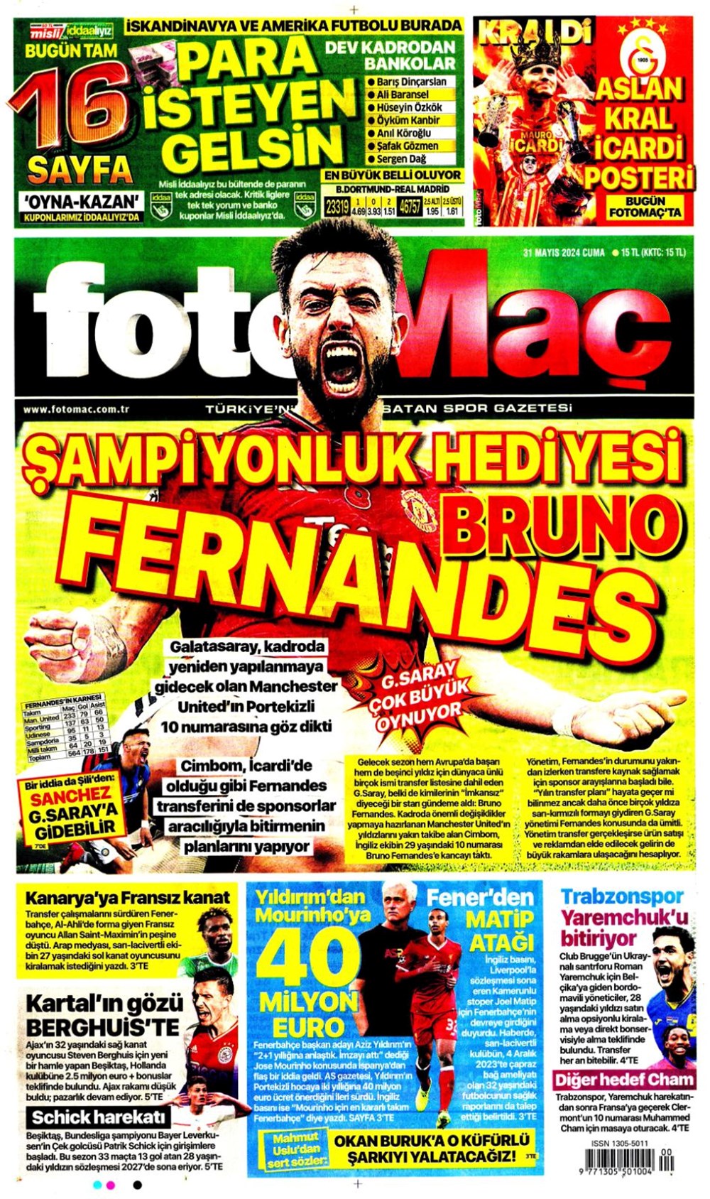 "Şampiyonluk hediyesi Bruno Fernandes" (31 Mayıs 2024 spor manşetleri) - 1