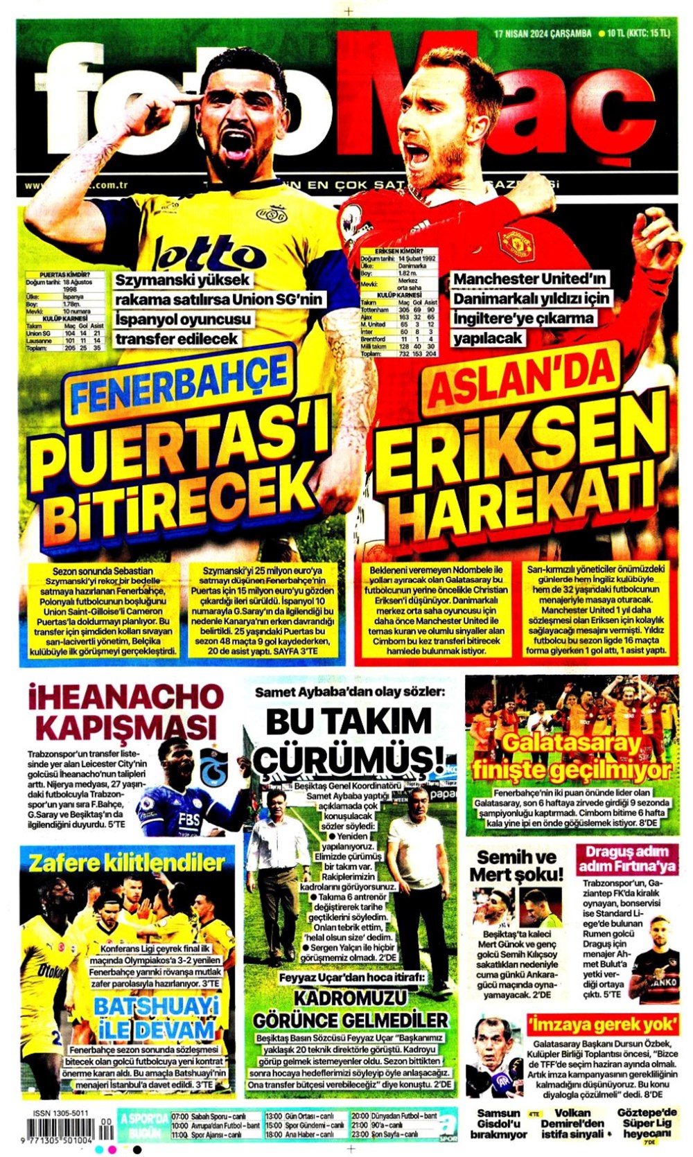 "Galatasaray'da Eriksen harekatı" (17 Nisan 2024 spor manşetleri) - 1