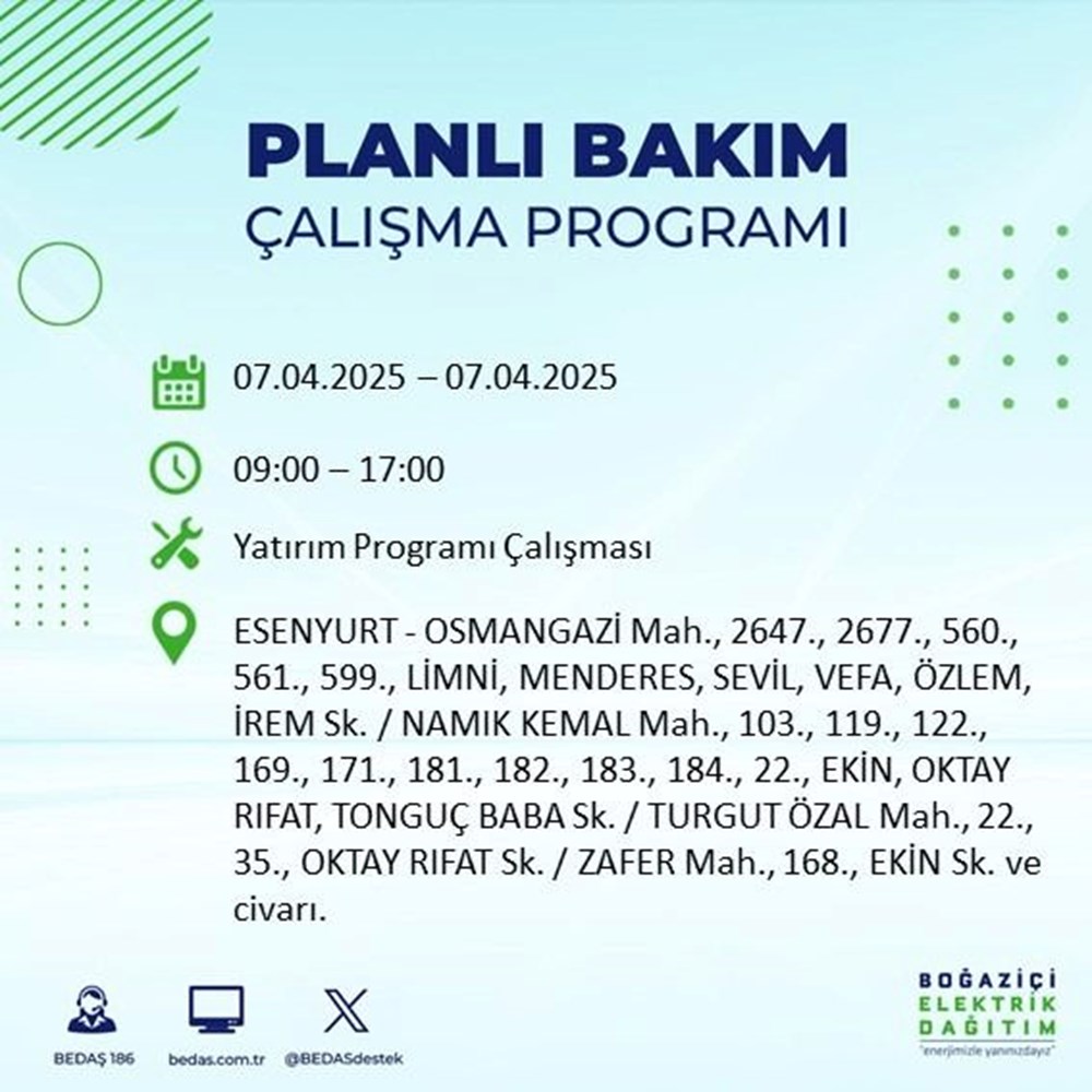 İstanbul'un 21 ilçesinde elektrik kesintisi: Elektrikler ne vakit gelecek? 9 saat sürecek (7 Nisan BEDAŞ kesinti programı) 97 bqxmzvqAaE6xWQEB68CS g