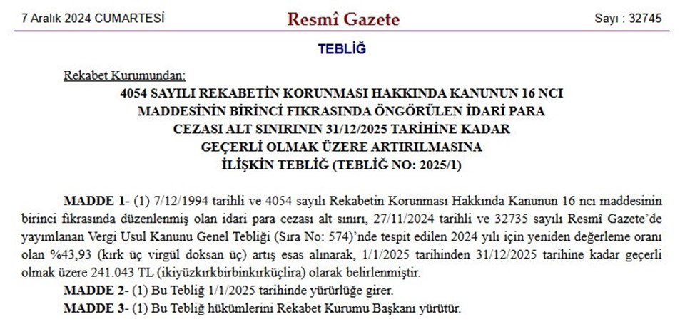 Rekabet cezalarının alt sınırı yükseltildi - 1