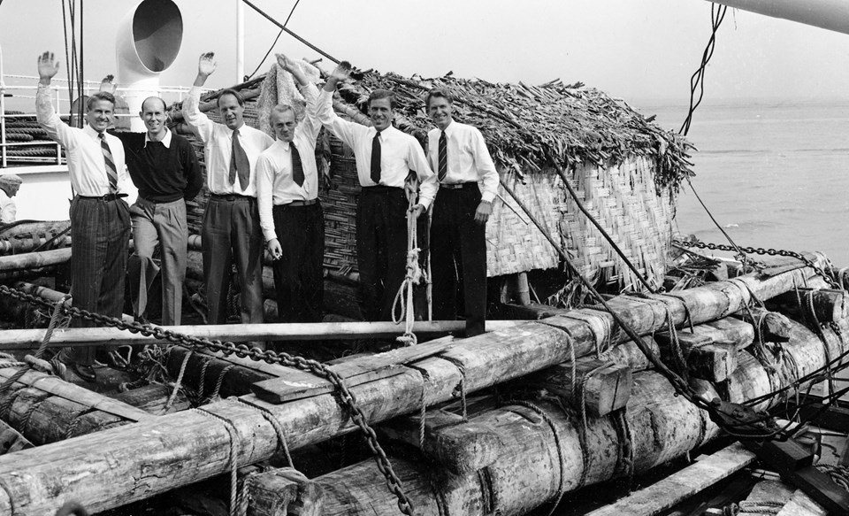 Thor Heyerdahl, Bengt Danielson; Erik Hesselberg; Torstein Raaby; Herman Watzinger, Knut Magne Haugland 29 Eylül1947'de Kon-Tiki ile San Francisco'ya ulaştığında...