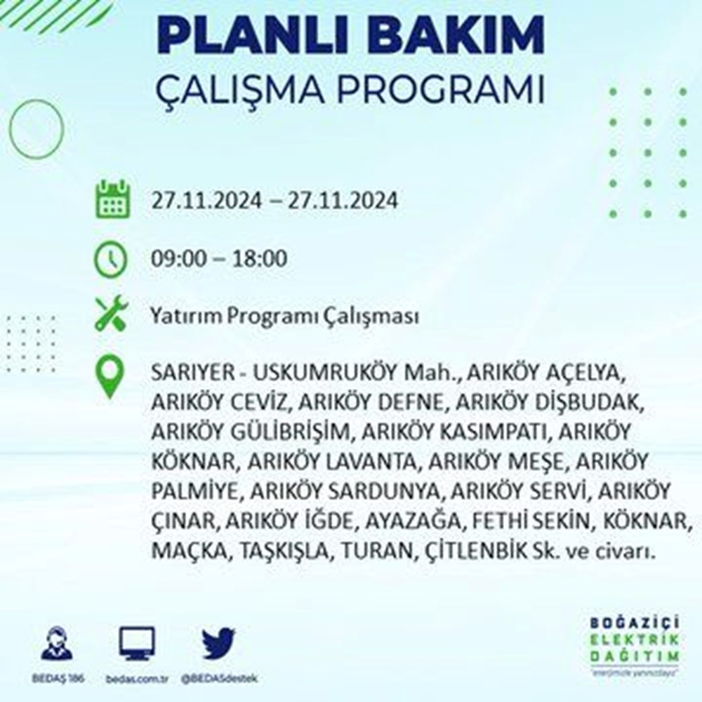 انقطاع التيار الكهربائي عن 17 منطقة بإسطنبول 17 انقطاع التيار الكهربائي عن 17 منطقة بإسطنبول: متى تعود الكهرباء؟ BEDAŞ 27 نوفمبر برنامج انقطاع التيار الكهربائي - 19