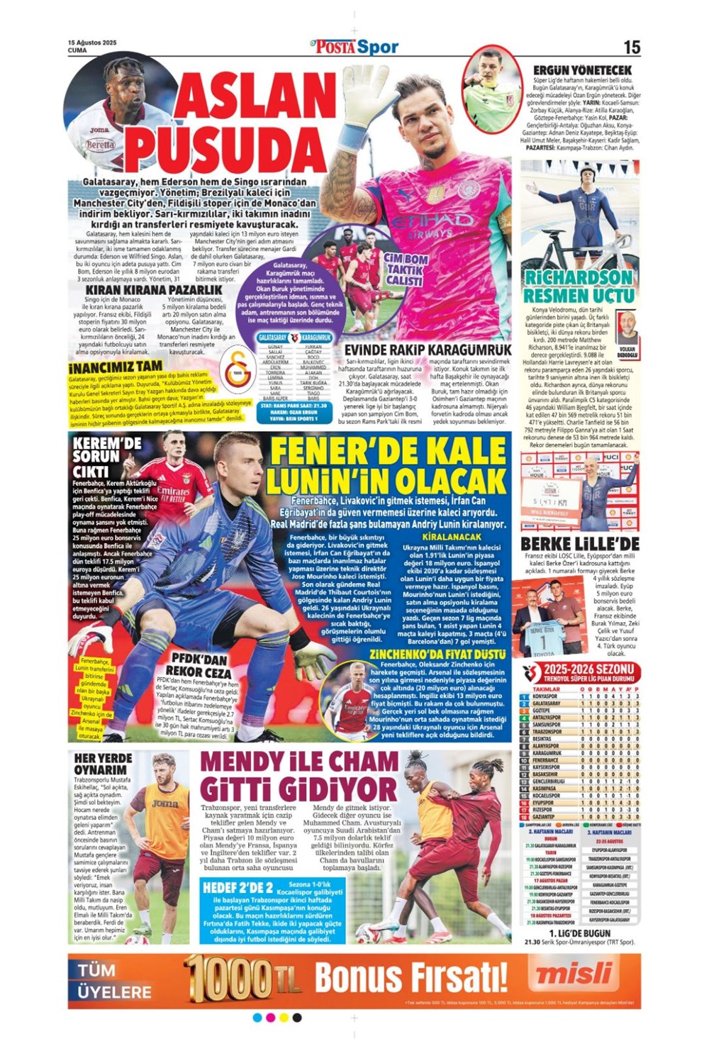 "Kabustan zafere" (15 Ağustos spor manşetleri) - 15