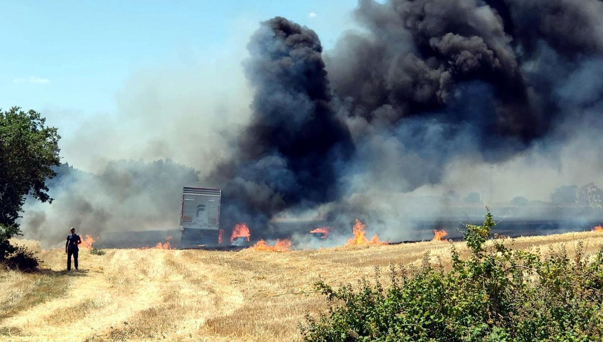 Buğday yüklü TIR'da dehşet anları: Alevler tarlaya sıçradı