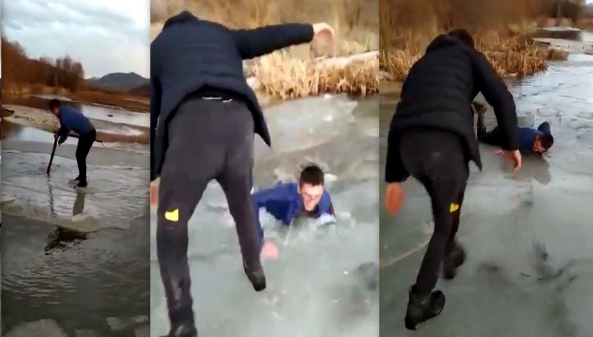 Nehirdeki buz kütlesini sal yaptı: Az kalsın boğuluyordu