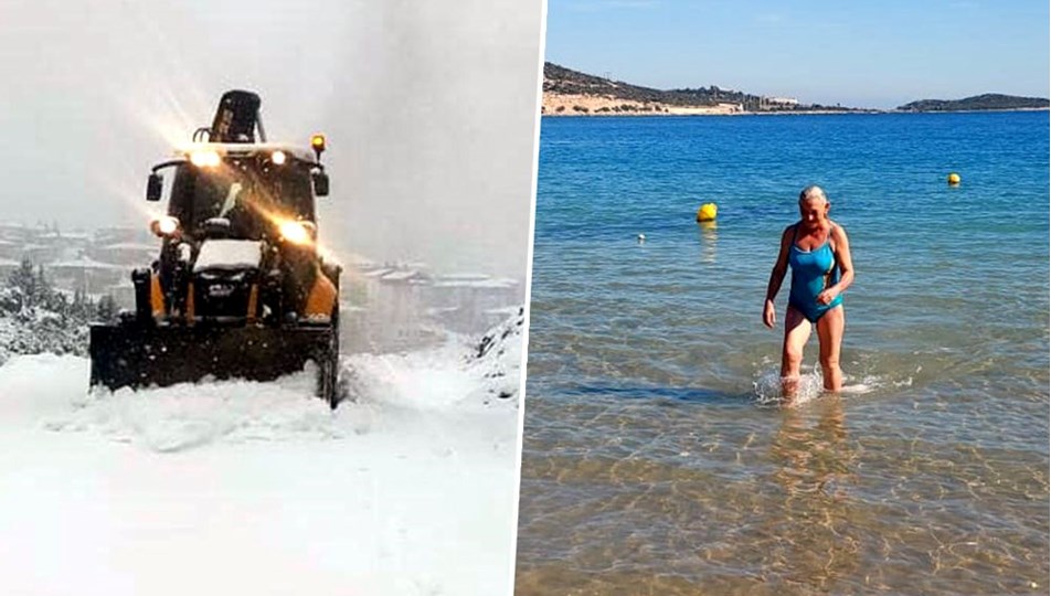 Aynı gün iki mevsim yaşayan kent: Bir tarafta deniz keyfi, bir tarafta karla mücadele