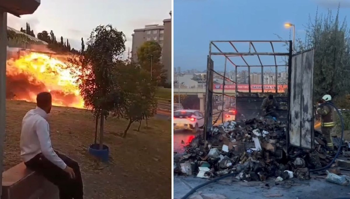 Yanan kamyoneti çaresiz gözlerle izledi