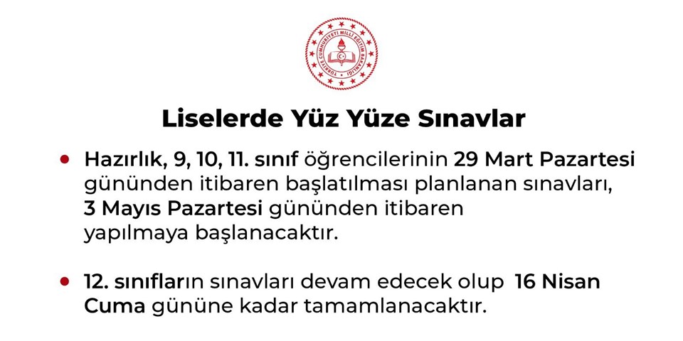 Liselerde yüz yüze sınavlar ertelendi mi? (MEB'den liselerde yüz yüze sınav açıklaması) - 1