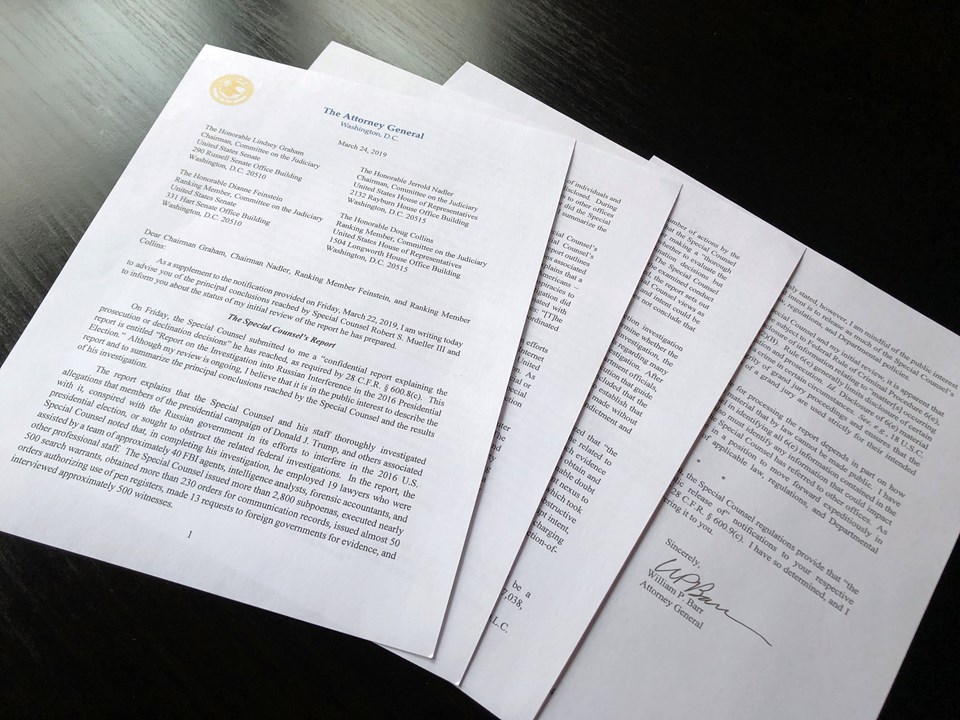 ABD Adalet Bakanı Barr'ın Kongre'ye yolladığı dört sayfalık mektup.