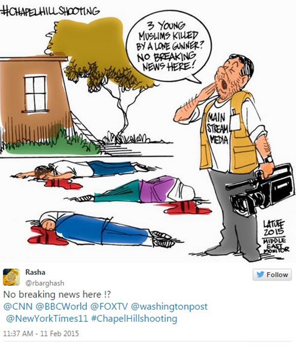 Cinayete görmezden gelen ABD basınına sosyal medya üzerinden sert eleştiriler yöneltildi. Twitter'da paylaşılan bir karikatürde, elinde kamera bulunan bir gazeteci, "Yalnız bir kurt, üç Müslüman genci öldürdü, burada flaş haber yok" diye bağırıyor.