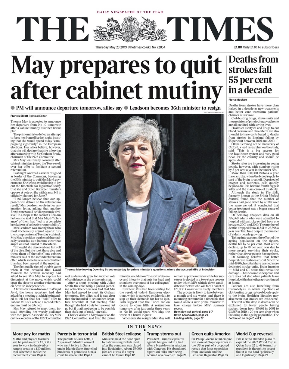 The Times gazetesi May'in cuma günü istifa edeceğini yazdı.