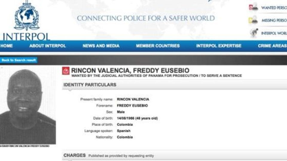 46 yaşındaki Freddy Rincon hakkındaki yakalama emri Interpol'ün sayfasında yer alıyor.