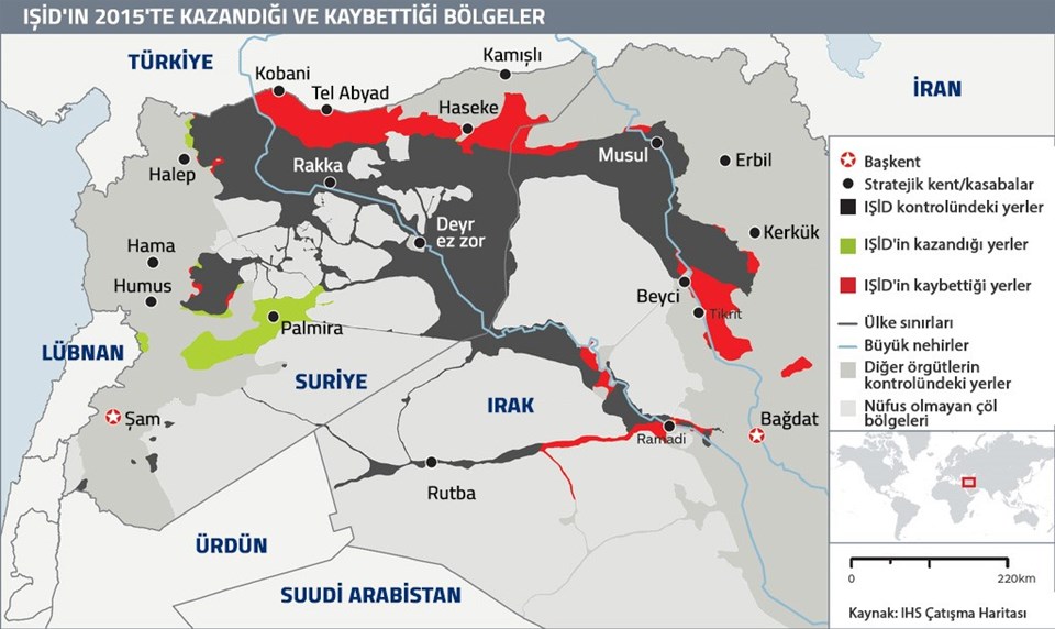 Terör örgütü IŞİD'in Irak ve Suriye'de 2015'te kaybettiği ve kazandığı bölgeler