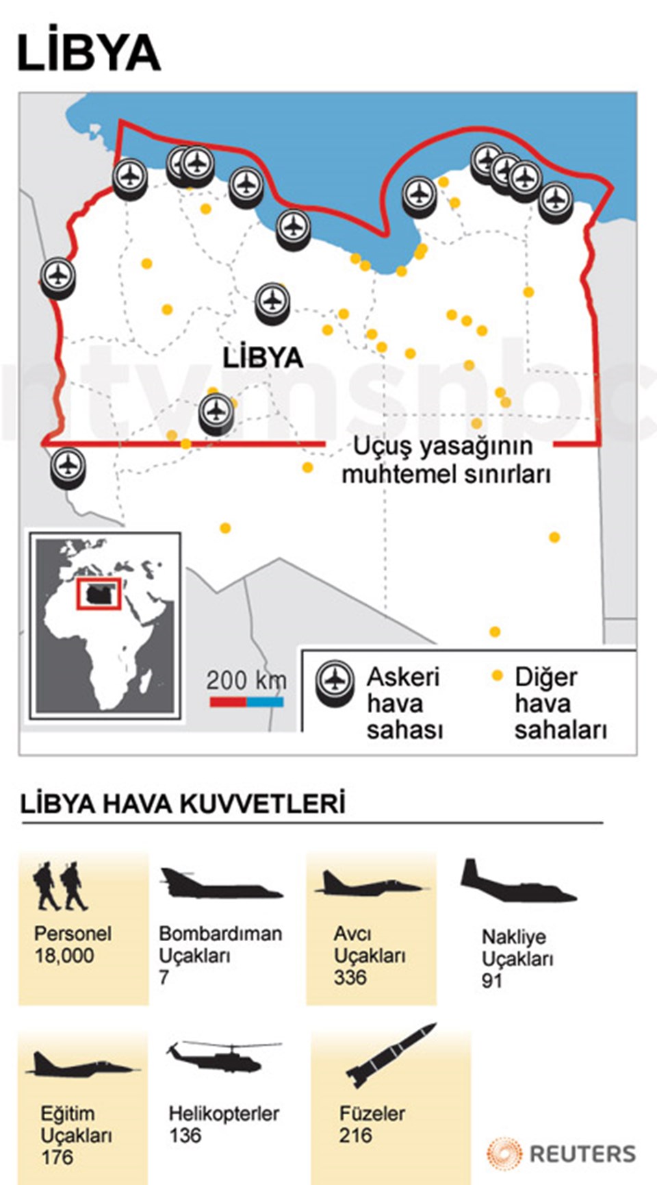 Libya'da Birleşmiş Milletler'in kararına göre uçuş yasağı uygulanması beklenen sınırlar.