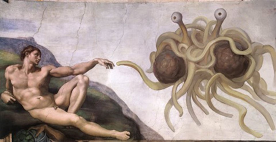 Michelangelo'nun ünlü 'Yaratılış' tablosunun bir parodisi olan bu tablo Uçan Spagetti Canavarı Kilisesi'nin sembollerinden biri.