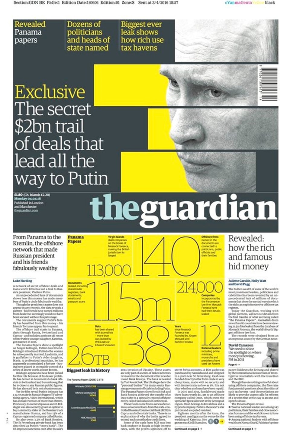 İngiliz Guardian gazetesi "Panama papers" olayını manşetten tam sayfa verdi