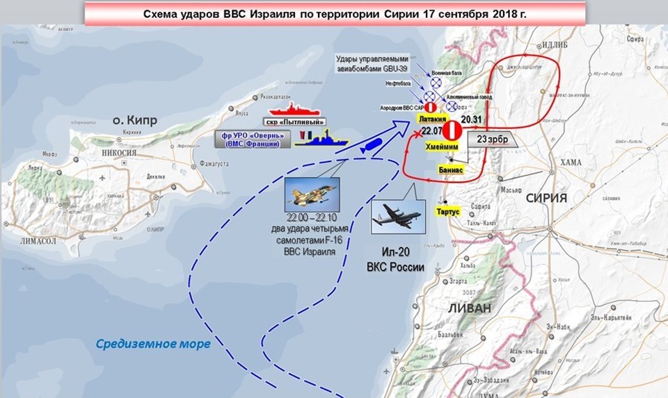 Rusya Savunma Bakanlığı, Akdeniz'de meydana gelen olayın haritasını yayınladı. Uçağın Esad rejimi tarafından düşürülmesinden İsrail'i sorumlu tuttu. 

