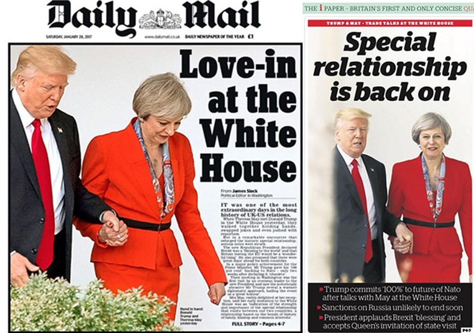 İngiliz basını Trump'ın May ile el ele görüntülerini "Beyaz Saray'da büyük aşk" ve "Özel bir ilişki" manşetleri ile duyurdu.
