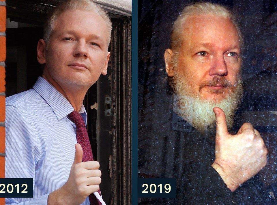 Wikilleaks kurucusu Julian Assange 2012 yılında Ekvador'un Londra Büyükelçiliği'ne sığındıktan sonra yaptığı işareti, bugün gözaltına alındığı sırada da tekrarladı.