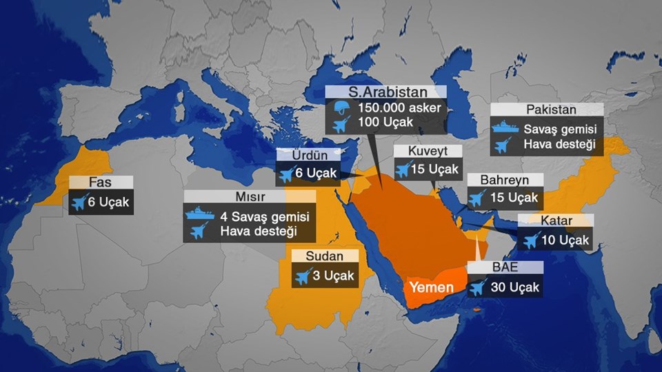 Yemen'de Suudi Arabistan'ın önderliğindeki koalisyonun başlattığı ''Kararlılık Fırtınası'' adı verilen hava operasyonu, bazı kilit noktaları üzerinde yoğunlaşıyor.