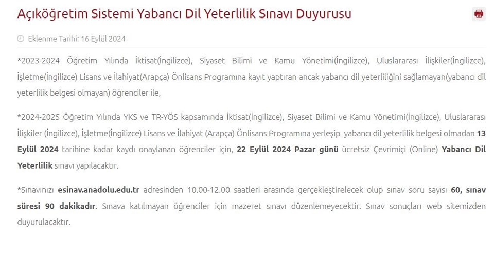 Anadolu Üniversitesi Açıköğretim (AÖF) Sistemi Yabancı Dil Yeterlilik Sınavı ne zaman? - 1