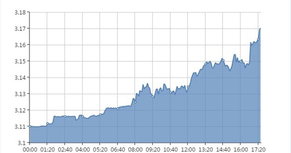Gün boyu yükselişte olan dolar 3,16'yı aşarak rekor kırdı.
