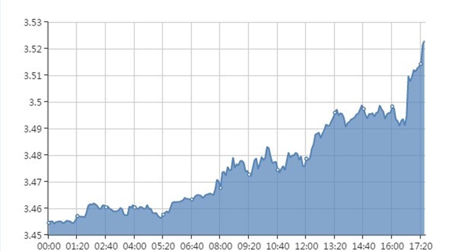 Euro tarihte ilk kez 3,5 lirayı aştı. Gün boyunca yukarı yönlü hareket yaşandı.