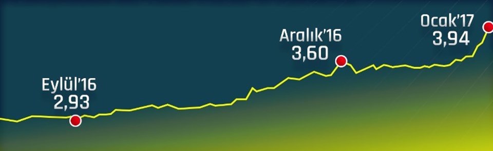 11 Ocak'ta 3,94'le tarihi rekor kıran dolar o tarihten sonra düşüşe geçti.