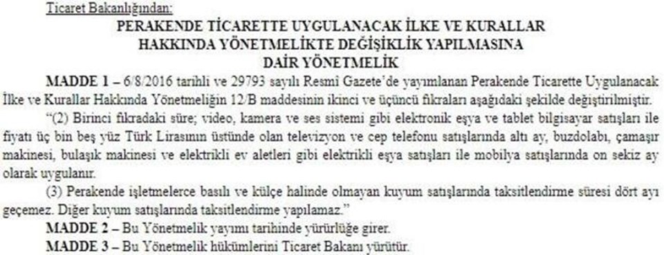 Elektronik ve beyaz eşyada taksit sayıları arttı (Karar Resmi Gazetede) Elektronik ve beyaz eşyada taksit sayıları arttı (Karar Resmi Gazetede)
