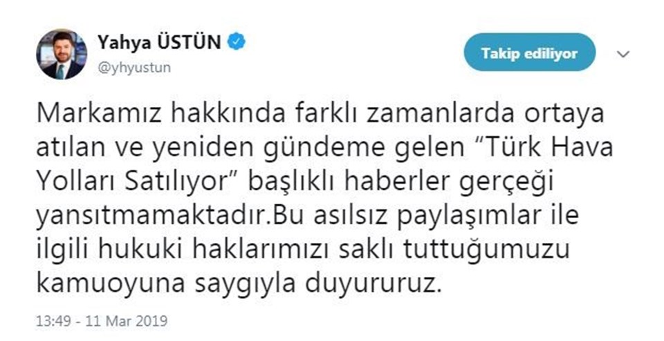 THY Basın Müşaviri Yahya Üstün sosyal medya hesabından duyurdu.