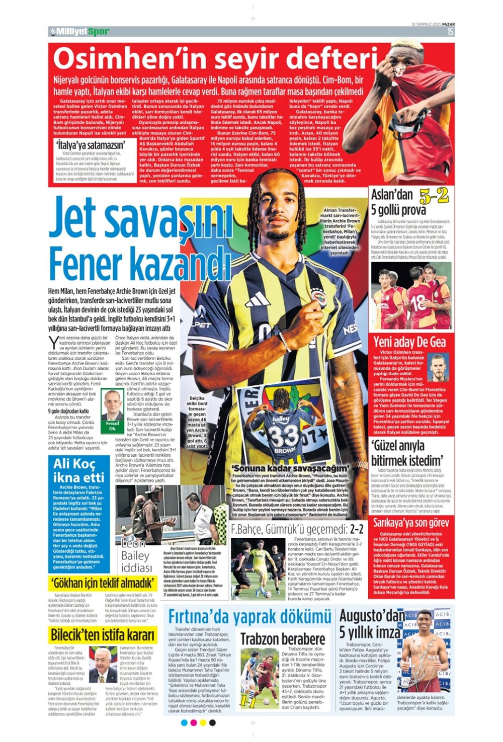 "Transfer şov" (13 Temmuz 2025 spor manşetleri) - 10