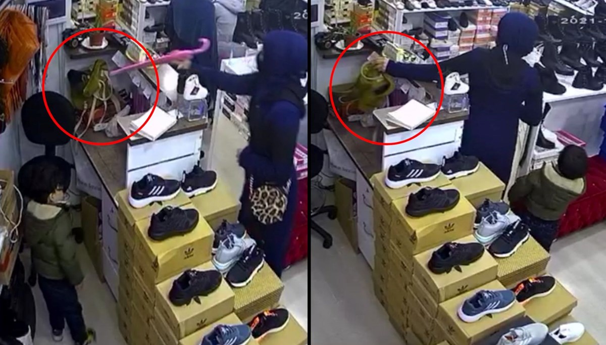 Tezgahtaki çantayı küçük çocuğuna çaldırmaya çalıştı