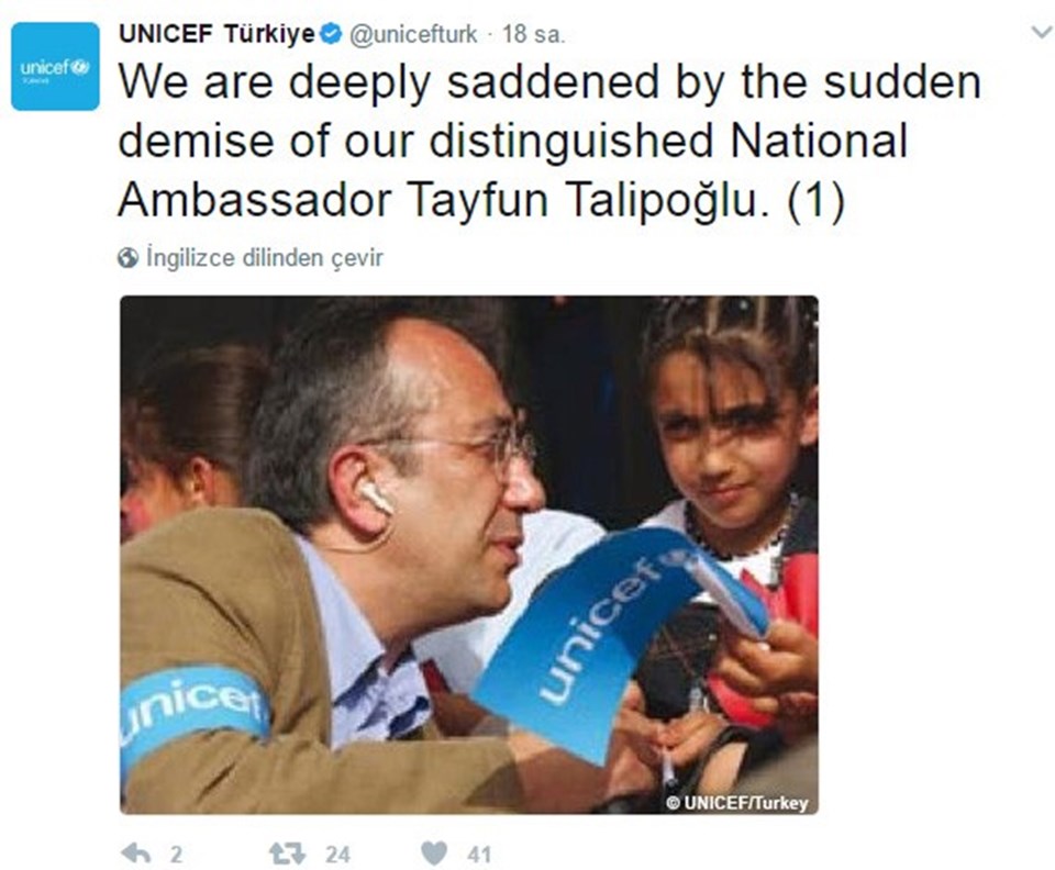 UNICEF'ten Tayfun Talipoğlu için taziye mesajı - 1