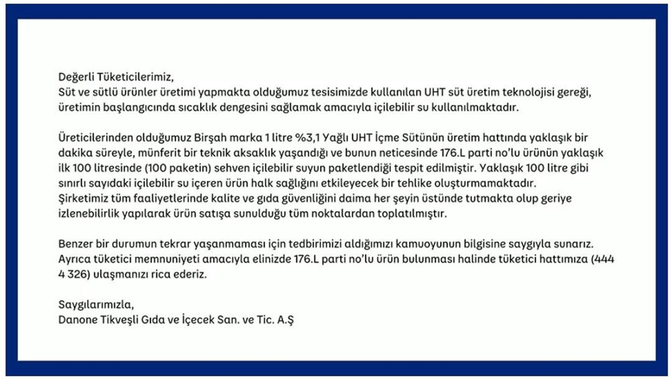 Birşah sütler neden toplatılıyor? Üretici firma Danone'den açıklama geldi - 1