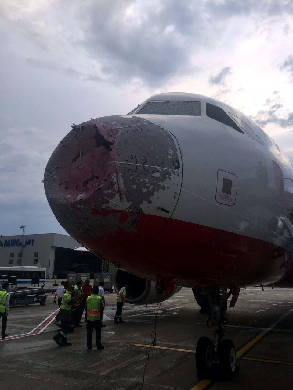 Doludan uçağın burnu hasar gördü, kokpit camları çatladı - 1