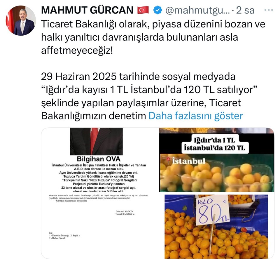 'Iğdır'da kayısı 1 TL, İstanbul'da 120 TL' paylaşımına 1 milyon 400 bin TL para cezası - 1