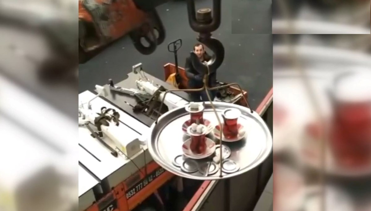 İşçilere vinçle çay servisi