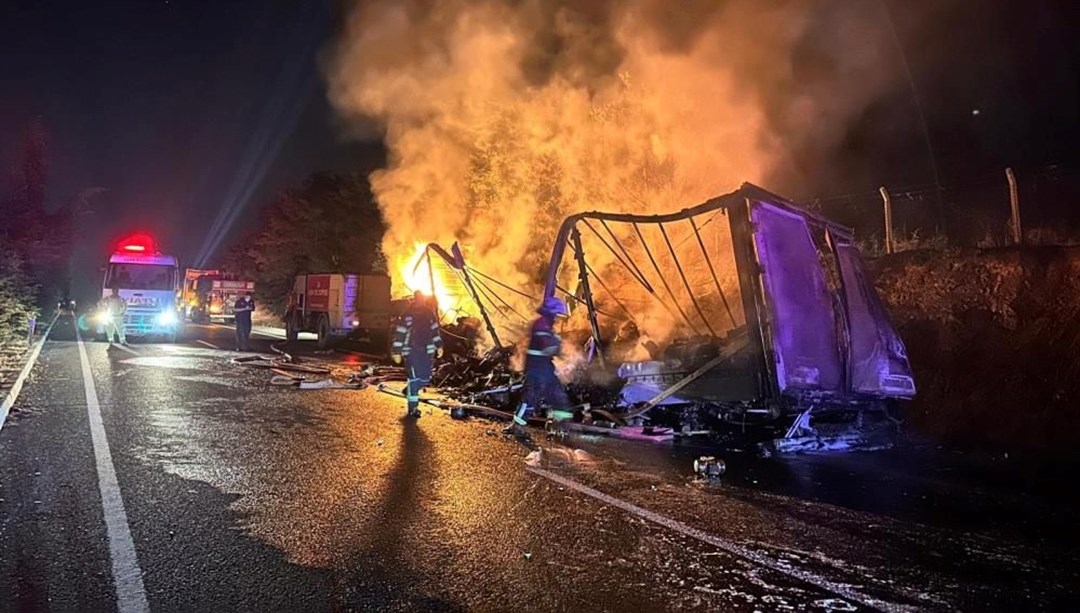 Seyir halindeki TIR alev alev yandı