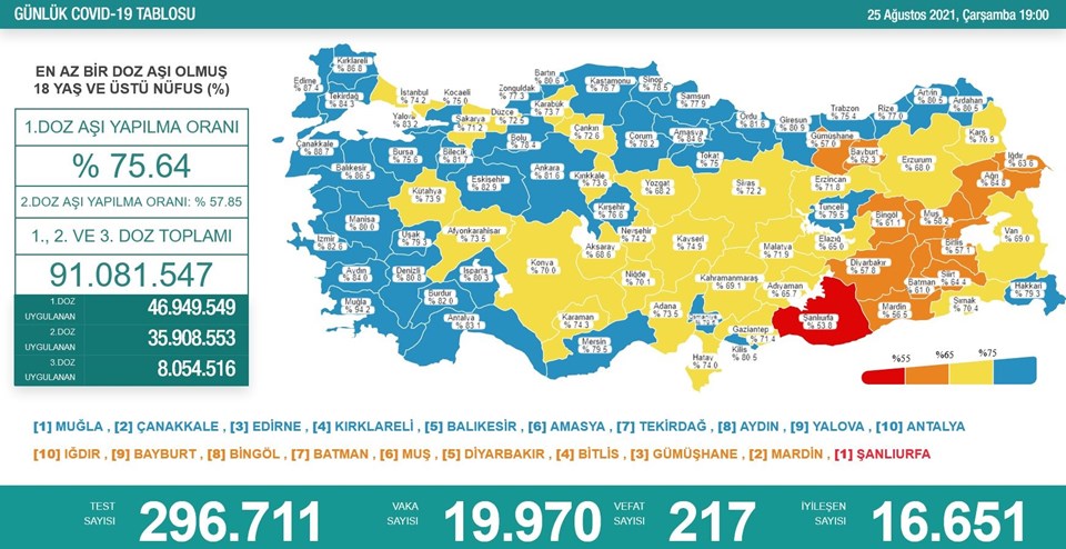 25 Ağustos 2021 corona virüs tablosu: 217 can kaybı, 19 bin 970 yeni vaka - 1