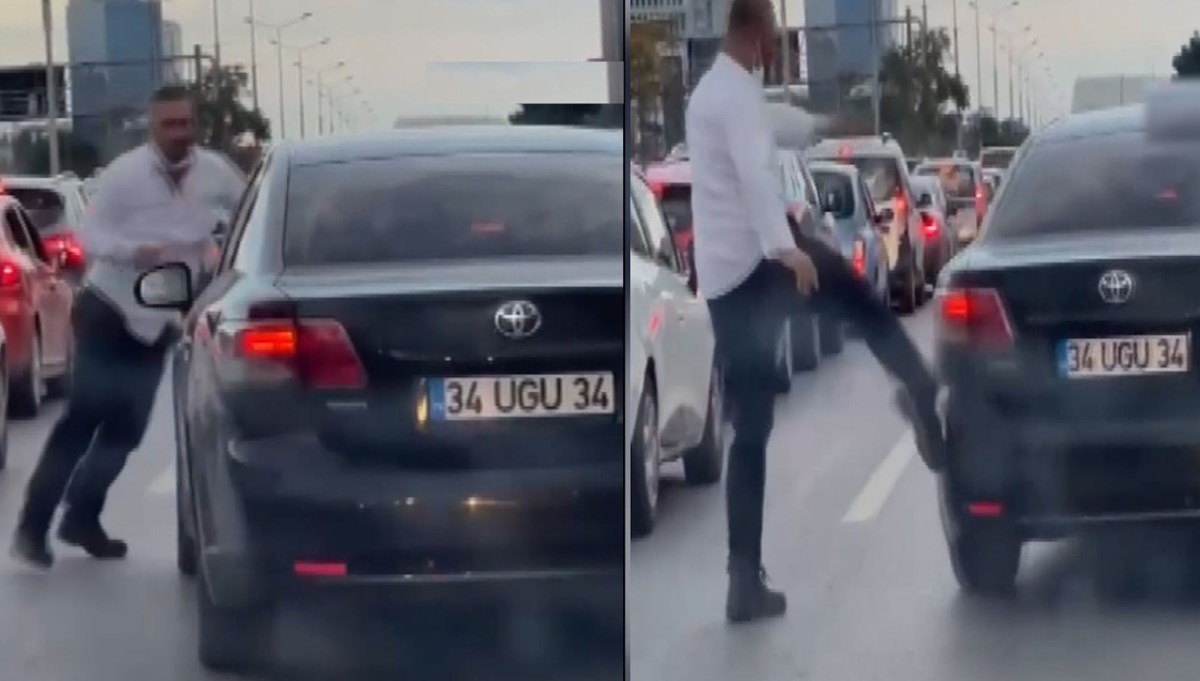 Şerit kavgası: İETT şoförü otomobili tekmeledi Şerit kavgası: İETT şoförü otomobili tekmeledi