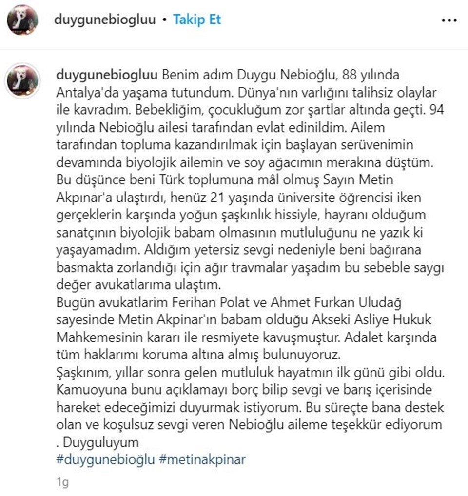 Metin Akpınar'ın yıllar sonra ortaya çıkan kızı Duygu Nebioğlu kimdir? Annesiyle ilgili konuştu - 1