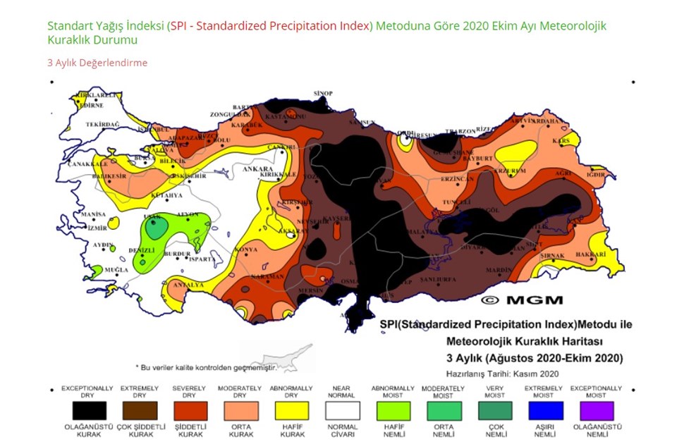 MGM'de yer alan 3 aylık kuraklık haritası (Ağustos 2020-Ekim 2020)