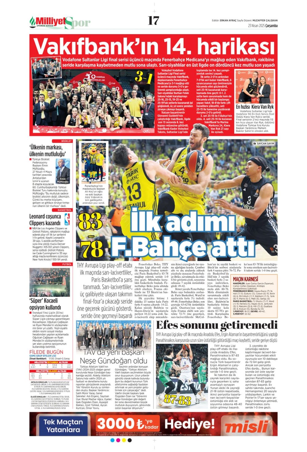 "Aslan finale kükredi" (23 Nisan 2025 spor manşetleri) - 23