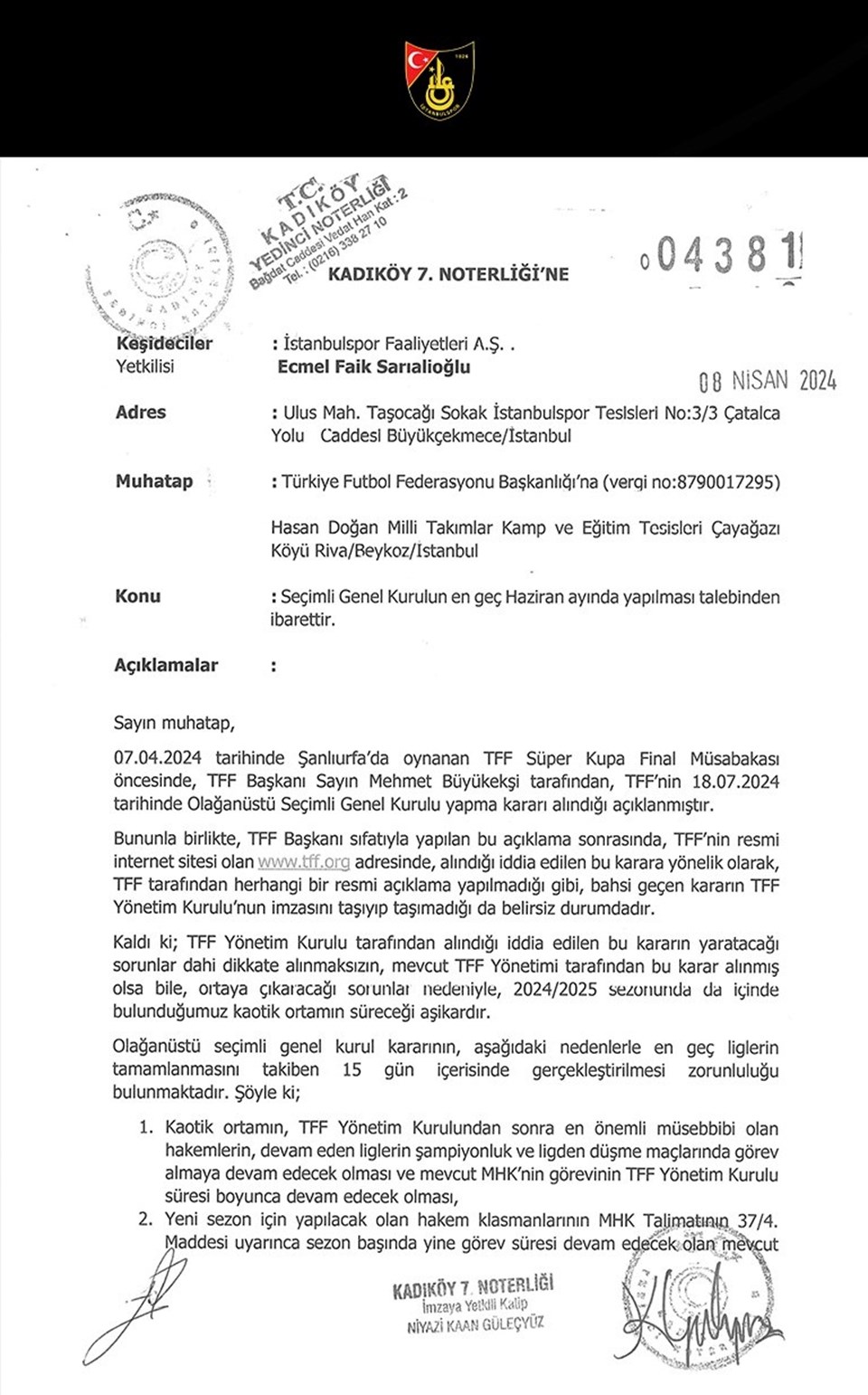 İstanbulspor, TFF'ye ihtarname gönderdi - 1